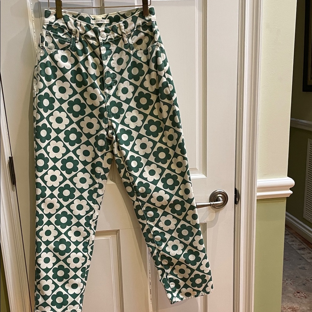 Pacsun High Rise Straight Green and Cream Floral Patterned Pants Size 27